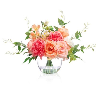 WELL KNOWN Artificial Flowers in Vase with Mixed Plus, Coral & Peach Plus