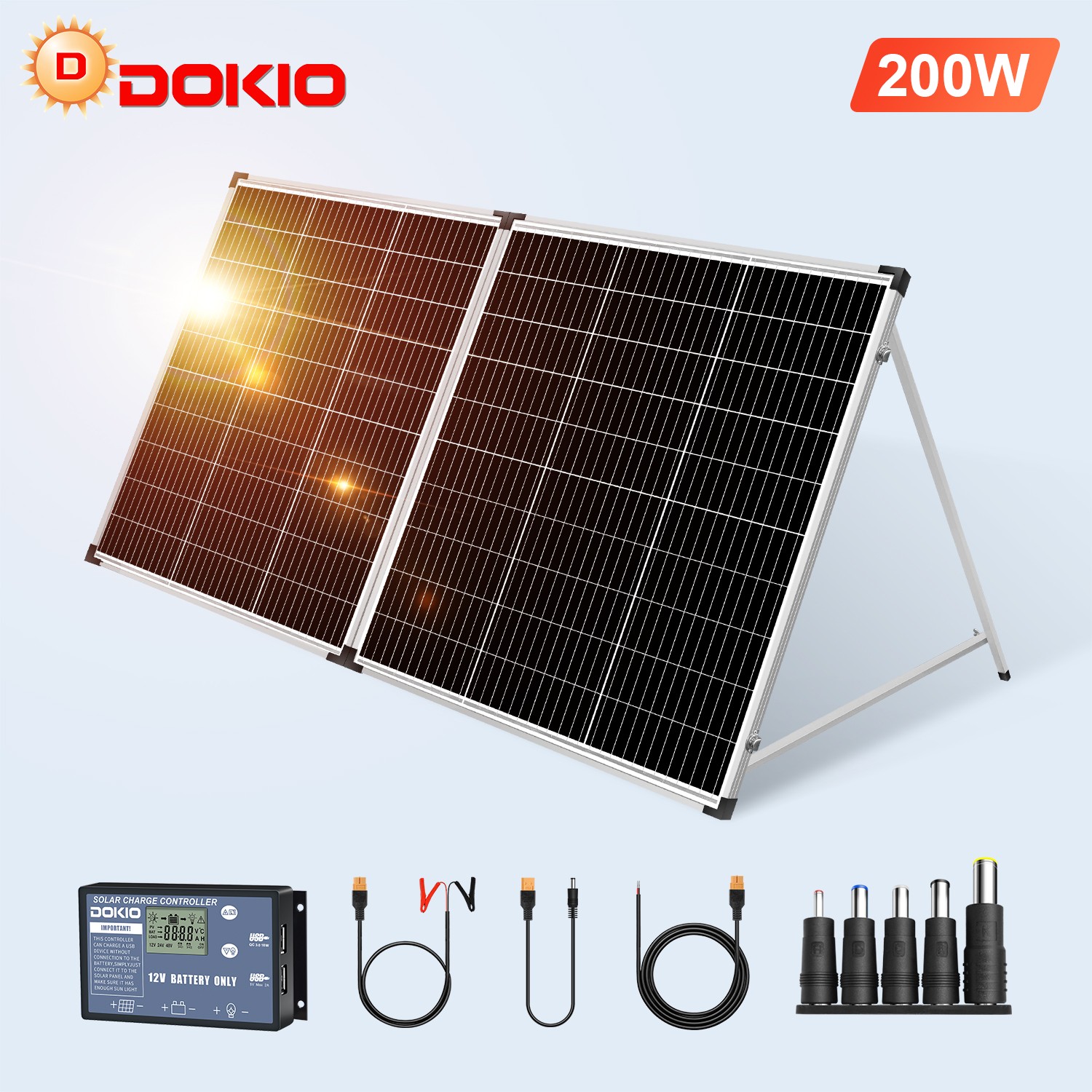 Dokio 200W Mono Folding Solar Panel, 12V for Boat, RV, Off-G