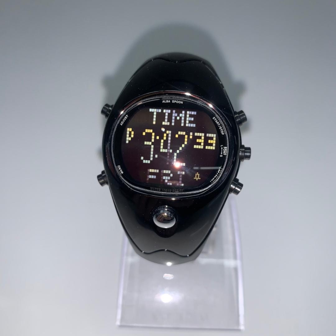 ALBA Spoon W850-4010 Digital Wristwatch Black Round Case Vintage Working