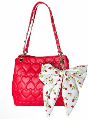 Betsey Johnson Red Red Hearts Tote With Floral Bow Bag Charm
