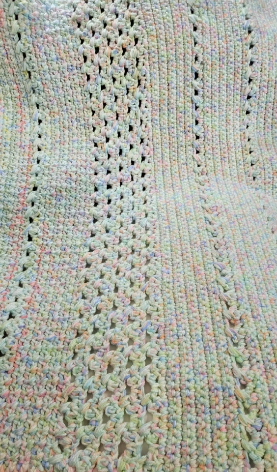 Hand Crocheted Pastel Baby Blanket 34x39 Afghan Green Yellow Pink Blue Wool Blen - Image 4 of 4