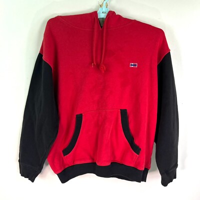 Vintage Bugle Boy Color Block Hoodie Mens Size M Red/Black Distressed