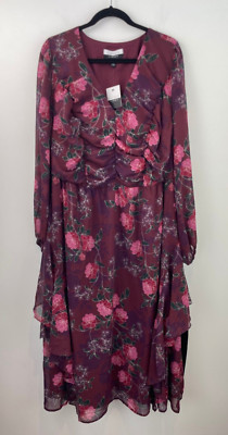 Eloquii Elements 18 Peasant Dress Purple Maxi Ruffle Floral NWT A49-10