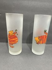 Dartington France Designs Frosted 2 Highball Glasses Whimsical Cheshire Cats 7&rdquo;