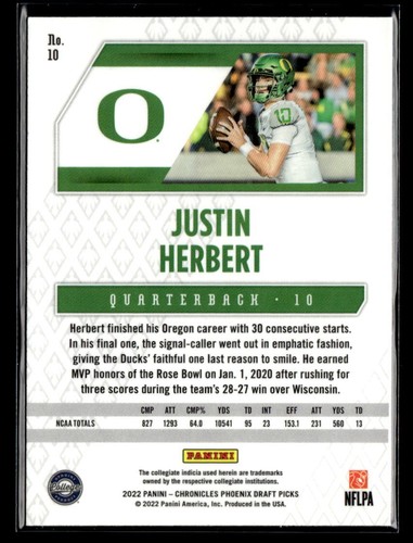 2022 Panini Chronicles Draft Picks #10 Justin Herbert - Picture 2 of 2