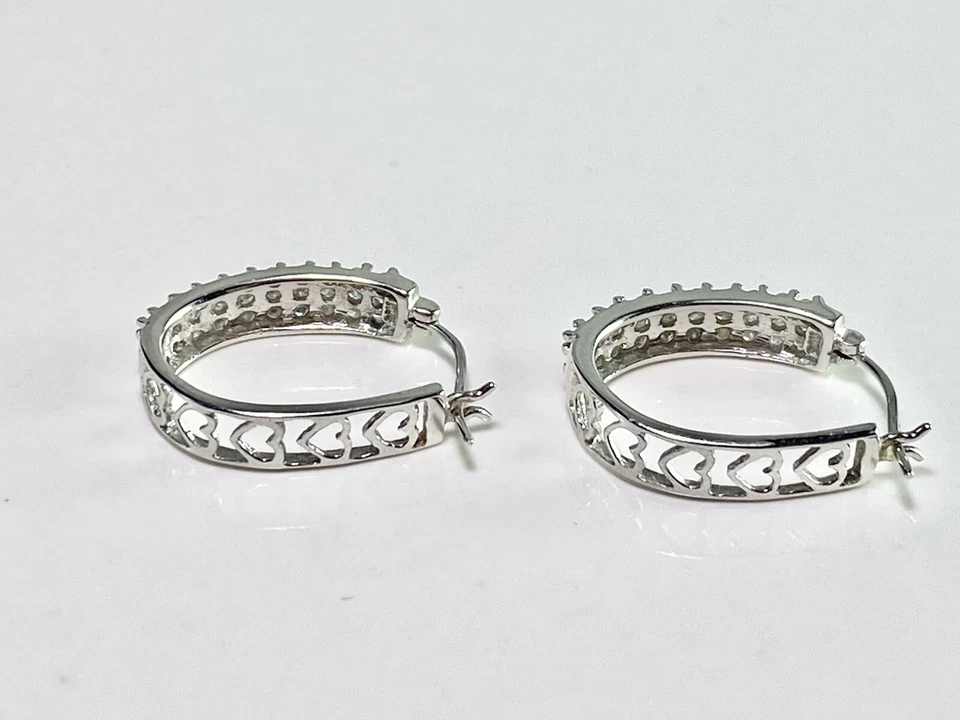 10k White Gold Natural Round Diamond Cluster Set Heart Half Hoop Earrings - Image 4 of 4