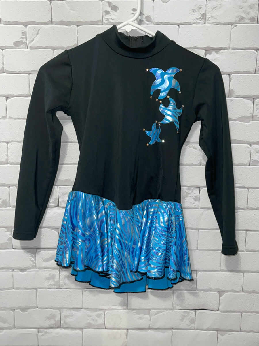 Girls Black Blue Starfish Skate Dress Leotard sz 14