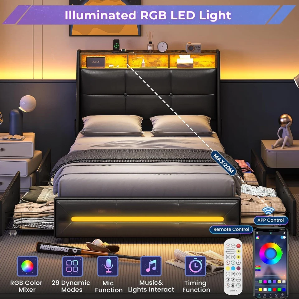 Twin Size Bed Frame with 4 Storage Drawers & Headboard LED Upholstered Bed Black - Image 4 of 4