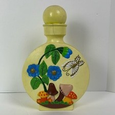 Vtg 1975 Ceramic Hand Painted Decanter yellow butterflies mushrooms flowers boho