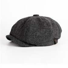 Gray Peaky Blinders Hat Newsboy Flat Cap Herringbone Tweed Wool Baker Boy