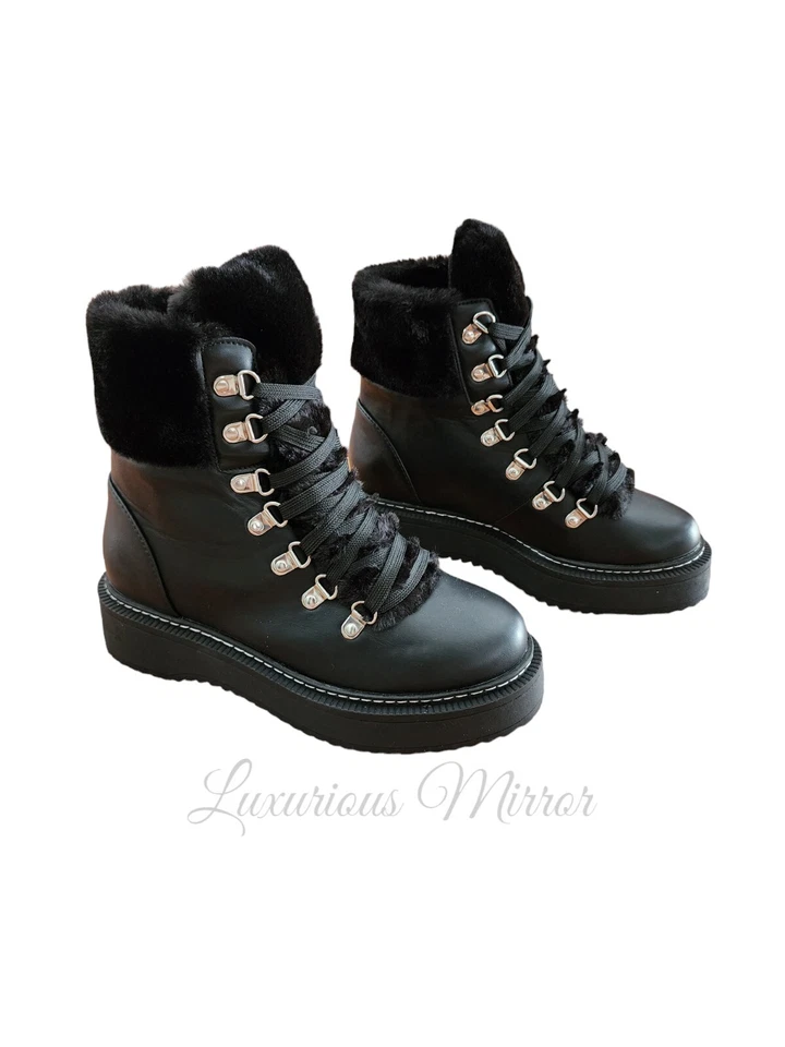 Nicole Miller Kooky Leather Combat Lace Up Boots Faux Fur Womens Mid Calf Sz 6.5 - Image 2 of 4