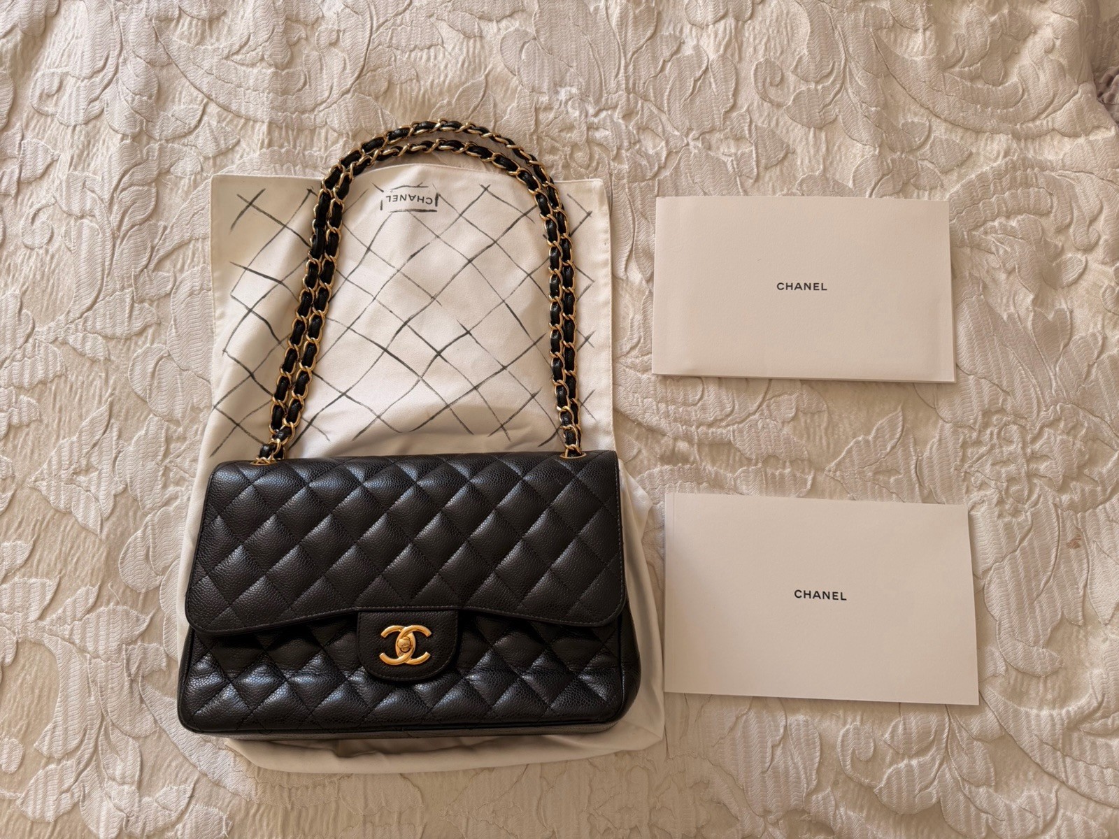 Chanel Classic Jumbo Double Flap Bag, Black Caviar Leather, Gold Hardware