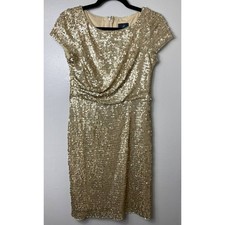 ADRIANNA PAPELL DRESS 4 GOLD SEQUIN BEADED COCKTAIL PARTY SHORT SLEEVE MINI