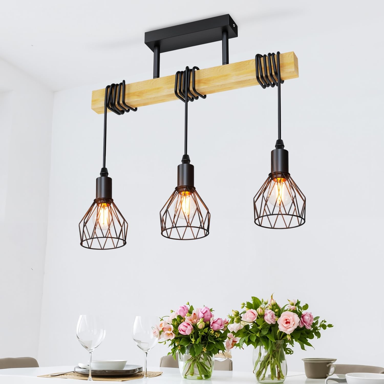 Lampadario Sospensione LVWIT Nero e Legno - Cucina Rustica E14