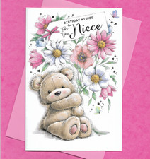 Niece Birthday Card Cute Bear Nice Flowers Teddy Pink 19x13cm