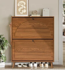 Shoe Storage Cabinet for Entryway with 2 Flip Drawers, Narrow Wood Shoe Cabinet