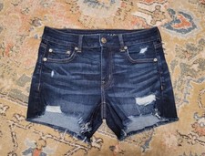 American Eagle Midi Jean Shorts Darkwash Distressed Frayed Stretch Size 6 new
