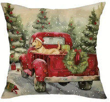 1pc Retro Christmas Pillow Cover-Red Truck  Lab-18in-High Quality Linen Blend