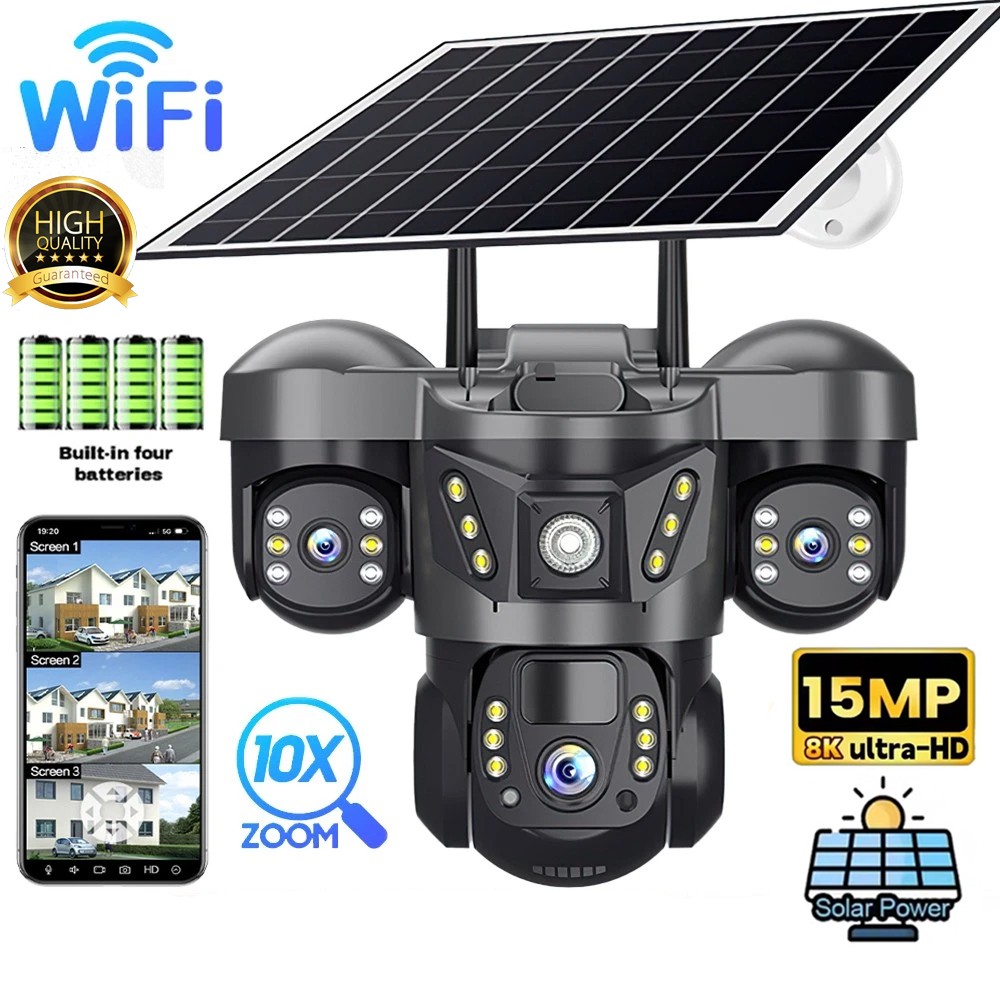 15MP 3 Lens Solar Battery Security Camera Outdoor Wireless Wifi PTZ CCTV IP Cam