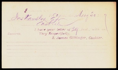 1887 Hagerstown Bank Frederick Maryland Victorian Engraved One Cent Postal Card