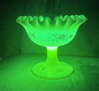 Signed URANIUM Fenton Satin Custard Glass Compote Ruffled Edge & Pink Flowers