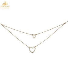 18" 14K Gold  White Stone Double Heart Necklace Thin Chain UE  PSH038082 