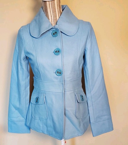Tulle Anthropologie Jacket pea coat Cropped Wool-Blend Light Blue Buttons Sz XS