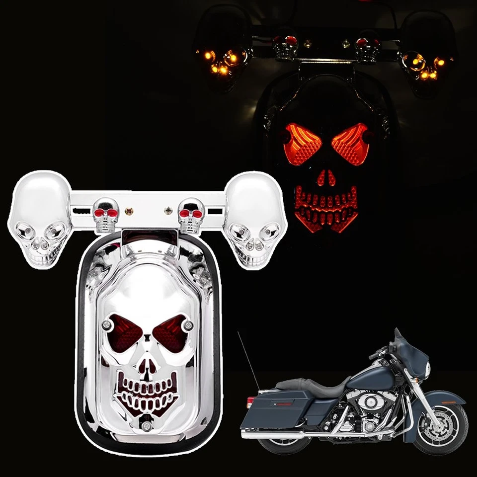 Chrome Motorcycle Skull Tail Light Brake Stop Lamp w/LED Signal for Harley Honda - Image 4 of 4