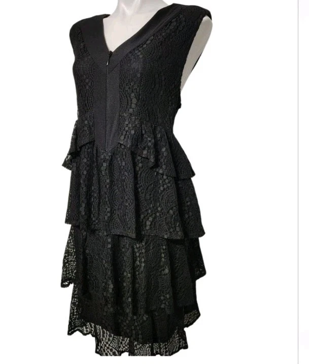 Vestido Alfani Negro Encaje con Volantes en Niveles Talla XL Fiesta Gótica Foto 4 de 4