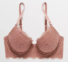 AERIE Real Power Plunge Push Up Eyelash Lace Bra Padded Underwire 34C NEW