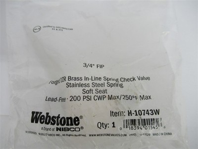 Webstone H-10743W , 3/4'' FIP DZR Brass In-Line Spring Check Valve