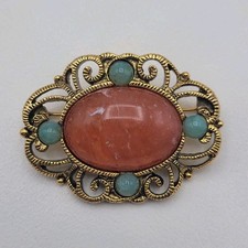 Vintage 1928 Brand Brooch Faux Jade Coral Lucite Etruscan Renaissance Victorian