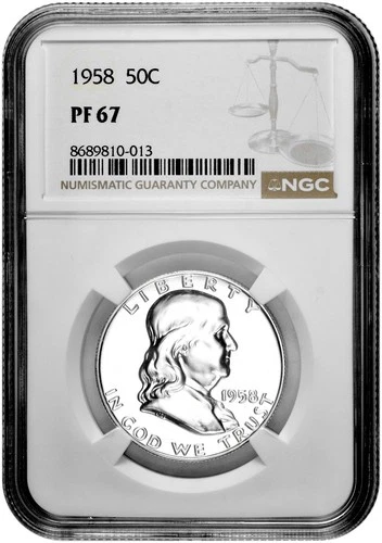 1958 50C Proof Silver Franklin Half Dollar NGC Graded PF 67 in New Holder