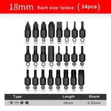 18mm Long Super Short Bit 1/4Hex Shank Phillips Slotted Torx Hex Screwdriver Bit