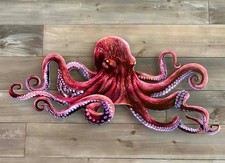 Octopus Wall Art, Flat Metal Ruby Red Nautical Decor, Beach House Decor