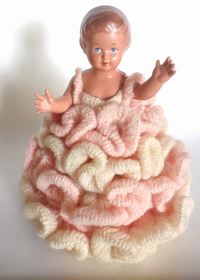 Muñeca de celuloide articulada Schildkrot 19 firmada de colección con vestido de ganchillo *8" Foto 3 de 4