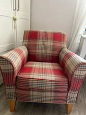 NEXT Tartan Fabric Armchair, Rolled Arms, Wooden Legs, Red/Beige 72cm Wide