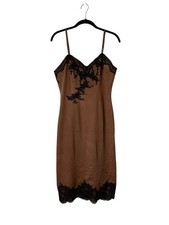 Vintage 80s Herson Kicker Slip Dress Lingerie Tan Black Lace Coquette Size S