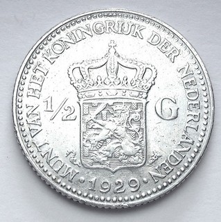 NETHERLANDS Wilhelmina I (1890 948) 1/2 Gulden 1929 Silver Great Condition