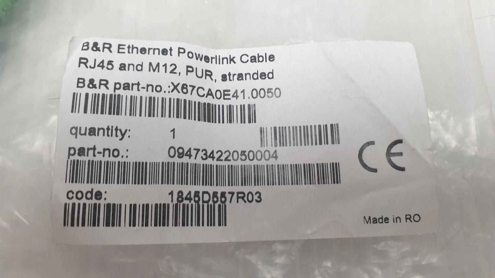 B&R bag label: Ethernet Powerlink Cable RJ45 and M12, PUR, stranded, X67CA0E41.0050, made in RO