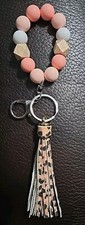 Cute Pink Beaded Wristlet Keychain With Leopard Tassel for Women