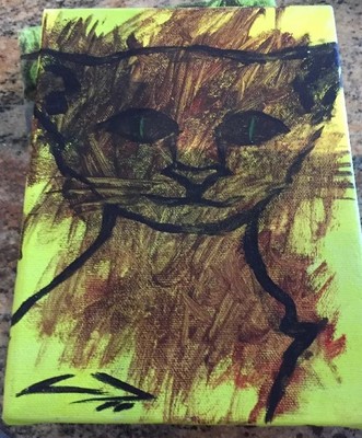 Brown Over Green Cat Painting from Ulises Baine, Acrylic, Signed, 2012