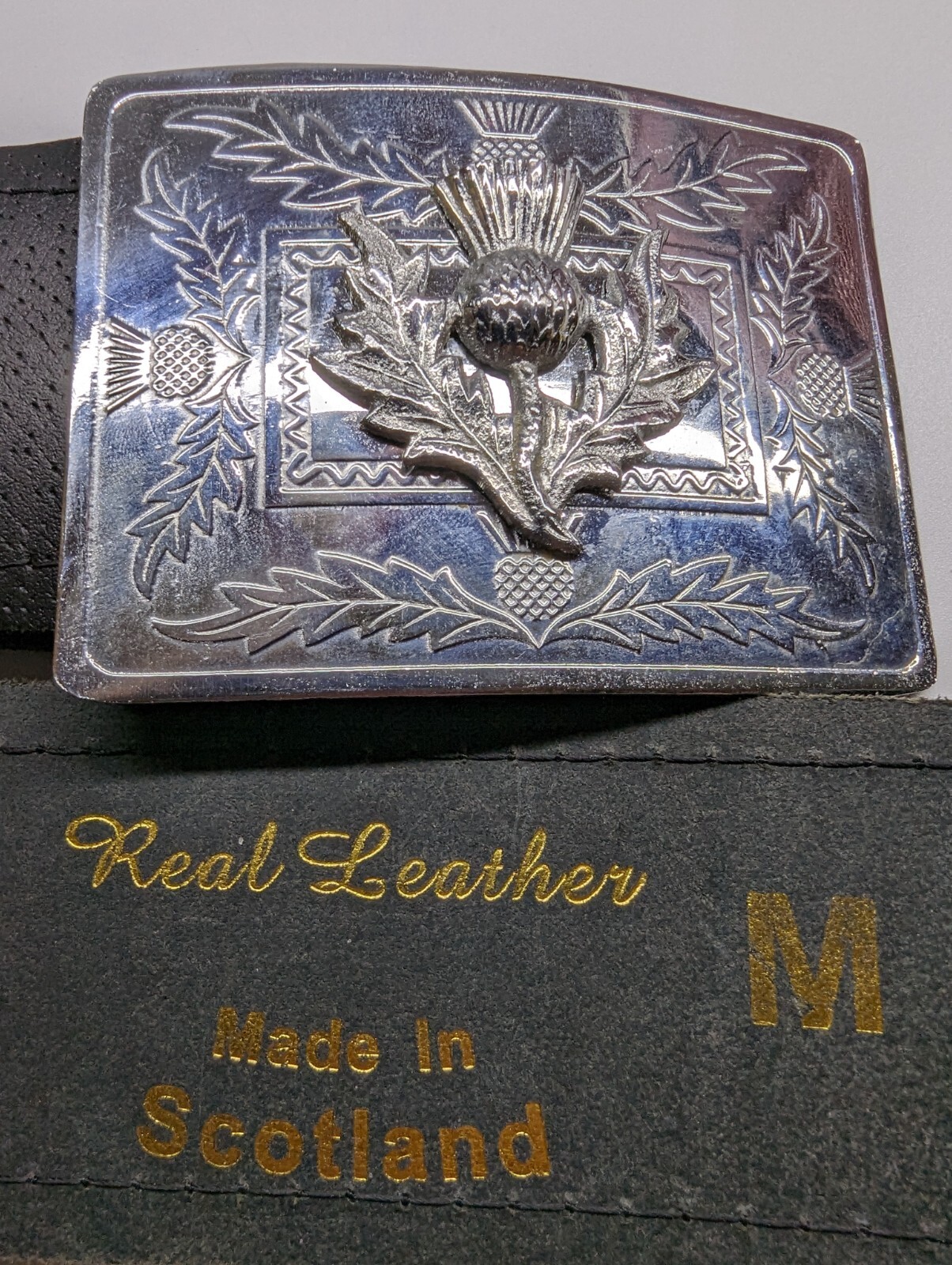 Leather Men's Belt with Thistle Design, Size M, 100 cm-image