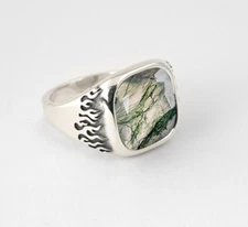 Green Moss Agate Fire Ring 925 Sterling Silver Handmade Gemstone Jewelry