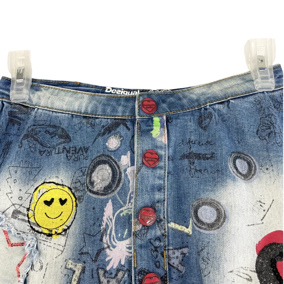 Desigual Niñas Talla 7/8 Graffiti Patinador Botón A Denim Falda Línea Logo Foto 2 de 4
