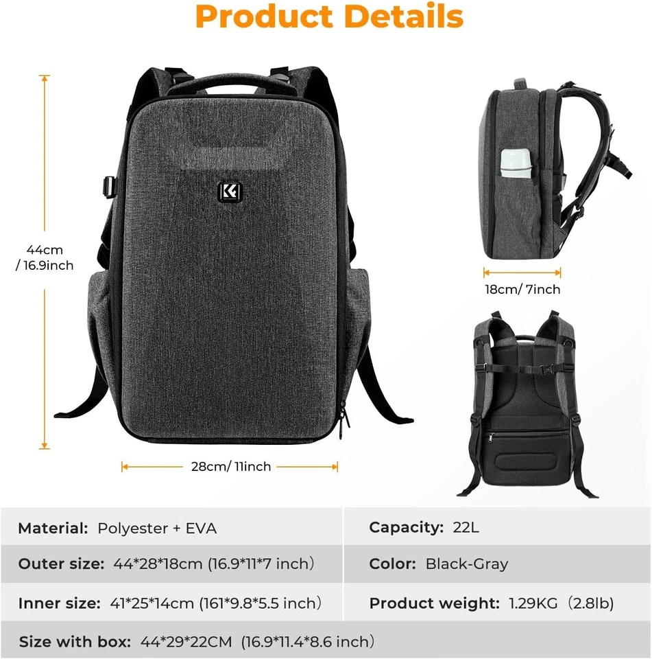 K&F Concept 22L Hardshell Camera Backpack DSLR Photography Camera Case SLR Bag - Image 2 of 4