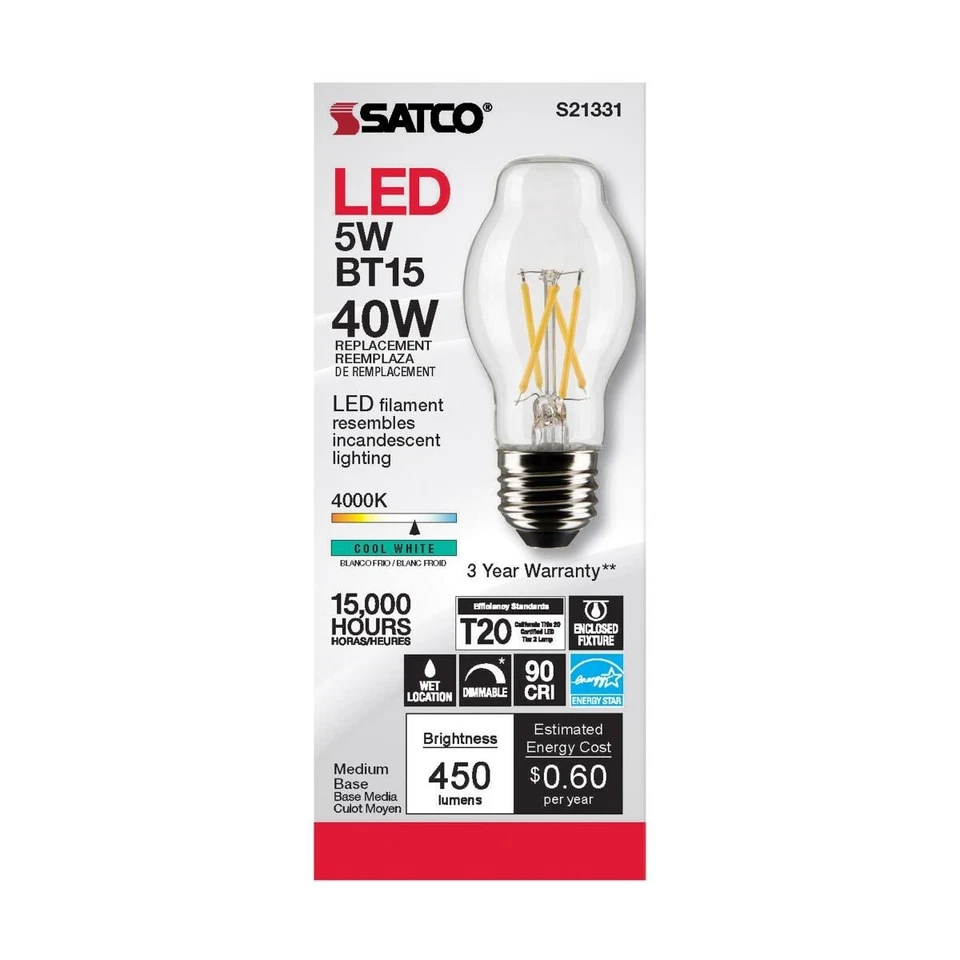 SATCO S21331 - 5 Watt BT15 LED Light Bulb - 4000K - 120 Volts (6 Pack) - Image 2 of 4