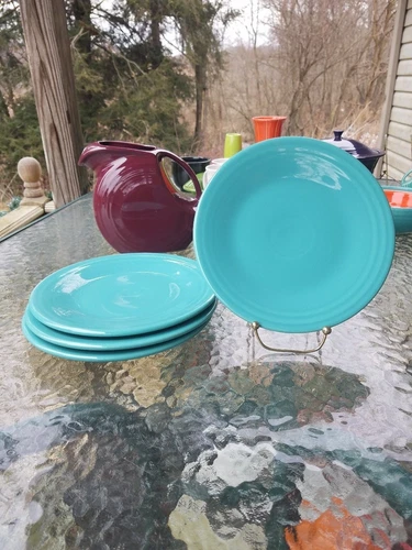 4 Luncheon PLATES set lot turquoise blue HOMER LAUGHLIN FIESTA WARE 9" NEW