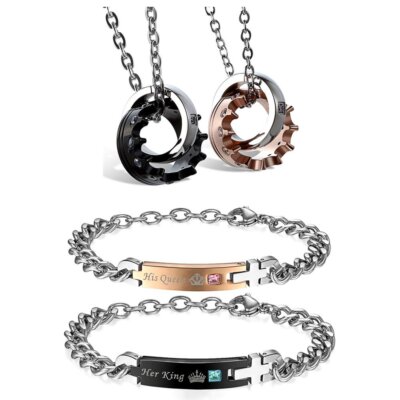4PCS Stainless Steel Crown Couple Ring Necklace and Her King His Queen Bracelets