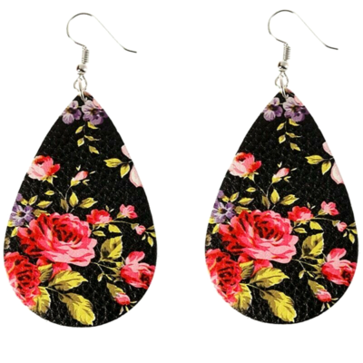 Large Black Teardrop Earrings Rose Earrings Flowers Dangle Earrings Roses